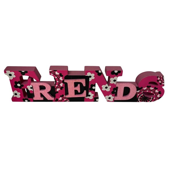 Decorative Wooden "Friends" Block Sign 13 Inches Long Pink & Black Floral Design - Picture 1 of 6